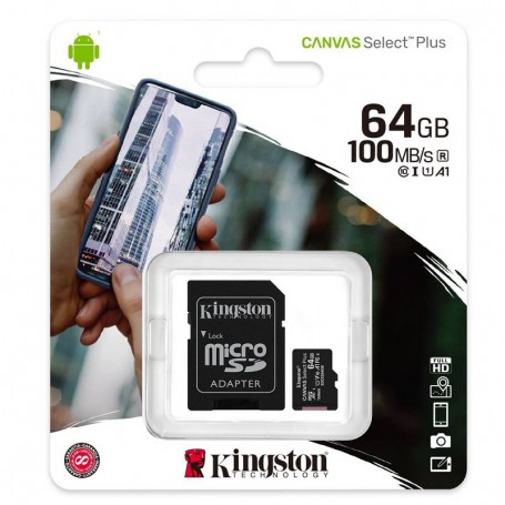 KINGSTON MICROSD 64GB (CLASE10 100 MB/S) CANVAS SELECT SDCS2/64GB C/ADAPTADOR + LPI*