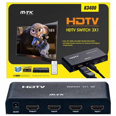 MTK SWITCH HDMI K3400 FULLHD 3 ENTRADAS 1 SALIDA + MANDO