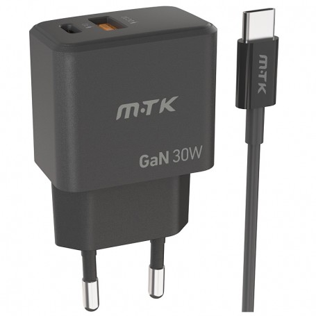 MTK CARGADOR ULTRARAPIDO DE PARED TA0390 GAN 2 PTOS  PD+QC (TYPE C+ USB A) 30W 3.4A CON CABLE TYPE C A TYPE C NEGRO