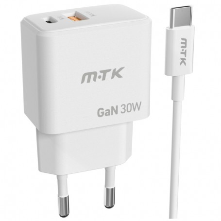 MTK CARGADOR ULTRARAPIDO DE PARED TA0390 GAN 2 PTOS  PD+QC (TYPE C+ USB A) 30W 3.4A CON CABLE TYPE C A TYPE C BLANCO