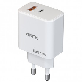 MTK TA0394 BL - CARGADOR DE PARED 45W GAN- 2 PUERTOS USB-C + USB-A - PD+QC3.0 - SIN CABLE - BLANCO