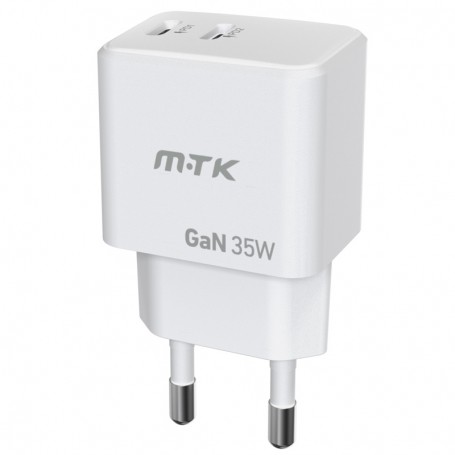 MTK TA0392 BL - CARGADOR DE PARED 35W GAN- 2 PUERTOS USB-C PD - SIN CABLE - BLANCO