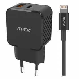 MTK TA0340 NE - CARGADOR DE PARED 35W - 2 PUERTOS USB-C + USB-A - PD+QC3.0 - CON CABLE USB-C A LIGHTNING - NEGRO