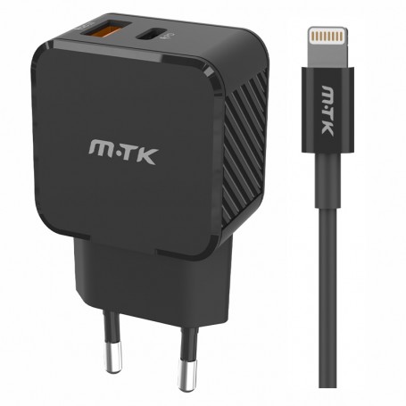 MTK TA0340 NE - CARGADOR DE PARED 35W - 2 PUERTOS USB-C + USB-A - PD+QC3.0 - CON CABLE USB-C A LIGHTNING - NEGRO