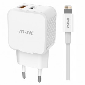MTK TA0340 BL - CARGADOR DE PARED 35W - 2 PUERTOS USB-C + USB-A - PD+QC3.0 - CON CABLE USB-C A LIGHTNING - BLANCO