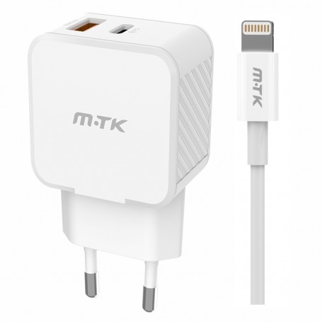 MTK TA0340 BL - CARGADOR DE PARED 35W - 2 PUERTOS USB-C + USB-A - PD+QC3.0 - CON CABLE USB-C A LIGHTNING - BLANCO