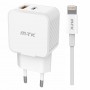 MTK TA0340 BL - CARGADOR DE PARED 35W - 2 PUERTOS USB-C + USB-A - PD+QC3.0 - CON CABLE USB-C A LIGHTNING - BLANCO