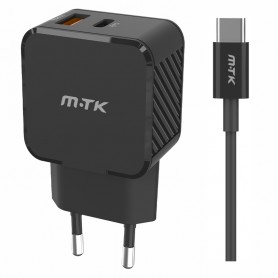 MTK TA0339 NE - CARGADOR DE PARED 35W - 2 PUERTOS USB-C + USB-A - PD+QC3.0 - CON CABLE USB-C A USB-C - NEGRO