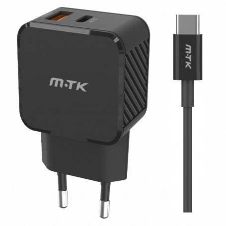 MTK TA0339 NE - CARGADOR DE PARED 35W - 2 PUERTOS USB-C + USB-A - PD+QC3.0 - CON CABLE USB-C A USB-C - NEGRO