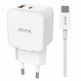 MTK TA0339 BL - CARGADOR DE PARED 35W - 2 PUERTOS USB-C + USB-A - PD+QC3.0 - CON CABLE USB-C A USB-C - BLANCO