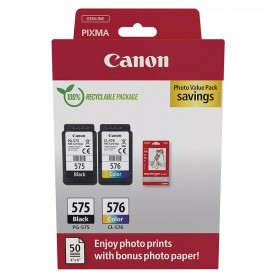 CANON PG575 + CL576 - PACK DE CARTUCHOS DE TINTA ORIGINALES NEGRO + COLOR  (5.6ML + 6.2ML) + 50 HOJAS DE PAPEL FOTOGRAFICO - 543