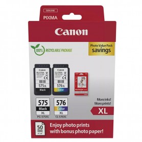 CANON PG575XL + CL576XL - PACK DE CARTUCHOS DE TINTA ORIGINALES NEGRO + COLOR  (15ML + 12.6ML) + 50 HOJAS DE PAPEL FOTOGRAFICO -