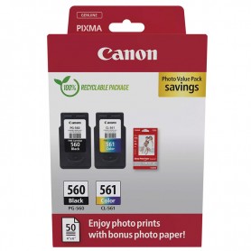 CANON PG560 + CL561 - PACK DE CARTUCHOS DE TINTA ORIGINALES NEGRO + COLOR (7.5ML + 8.3ML) + 50 HOJAS DE PAPEL FOTOGRAFICO - 3713