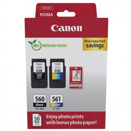 CANON PG560 + CL561 - PACK DE CARTUCHOS DE TINTA ORIGINALES NEGRO + COLOR (7.5ML + 8.3ML) + 50 HOJAS DE PAPEL FOTOGRAFICO - 3713