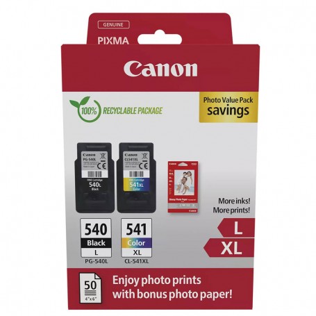 CANON PG540L + CL541XL - PACK DE CARTUCHOS DE TINTA ORIGINALES NEGRO + COLOR (11ML + 15ML) +  50 HOJAS PAPEL FOTOGRAFICO - 5224B