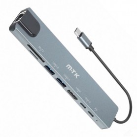 MTK TG7328 GR - HUB USB-C DE ALUMINIO 8 EN 1 - 2XUSB2.0 + USB-C + USB-C PD 60W + HDMI 4K + RJ45 + LECTOR DE TARJETAS SD+MICROSD 