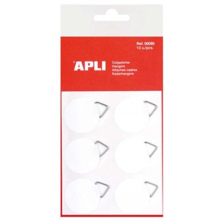 APLI PACK DE 12 COLGADORES AUTOADHESIVOS REDONDOS Ø 30MM - TRIANGULO METALICO DE SOPORTE - BASE ADHESIVA BLANCA - GRAN RESISTEN