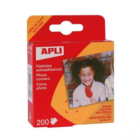 APLI PACK DE 200 FIJAFOTOS AUTOADHESIVOS 18 X 17 MM - SOLAPA TRIANGULAR PARA CANTOS DE LAS FOTOS - FACIL ADHERENCIA AL PAPEL