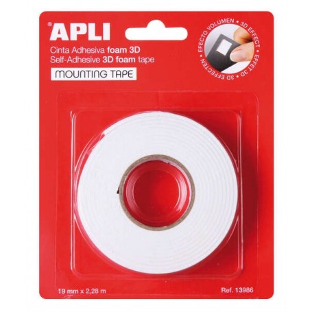 APLI CINTA ADHESIVA DOBLE CARA FOAM 3D 19MM X 2.28M - ADHESION FUERTE Y DURADERA - IDEAL PARA MANUALIDADES Y DECORACION - BLANCO