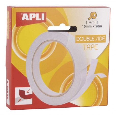 APLI CINTA ADHESIVA DOBLE CARA 15MM X 20M - FACIL DE CORTAR Y APLICAR - ADHESION FUERTE Y DURADERA - TRANSPARENTE TRANSPARENTE