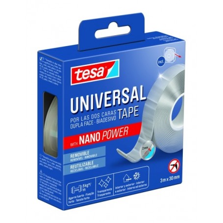 TESA CINTA UNIVERSAL DE DOBLE CARA CON NANO POWER 30MM X 3 METROS - SOPORTA CARGAS PESADAS - PUEDE RETIRARSE SIN DEJAR RESIDUOS 