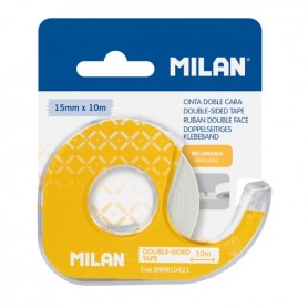 MILAN PORTARROLLOS CON CINTA ADHESIVA DE DOBLE CARA - HOJA DE CORTE METALICA - 15MM X 10M - AMARILLO