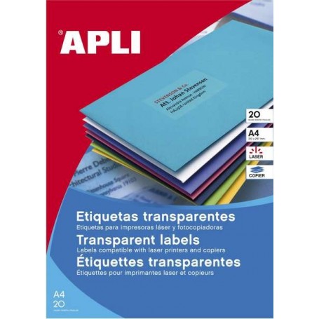APLI ETIQUETAS PERMANENTES TRANSLUCIDAS 210 X 297 MM - 20 HOJAS - RESISTENTES INTEMPERIE