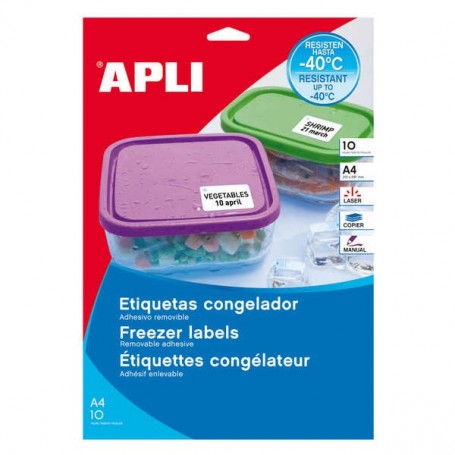 APLI PACK DE 650 ETIQUETAS ESPECIALES PARA CONGELADOR 38.1X21.2MM - 10 HOJAS POR 65 ETIQUETAS - ADHESIVO REMOVIBLE RESISTENTE HA