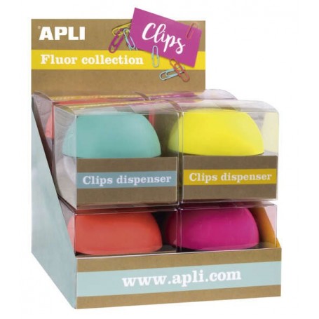 APLI FLUOR COLLECTION EXPOSITOR DE CLIPS - Ø 70X60 MM - 8 DISPENSADORES EN 4 COLORES - TAPA MAGNETICA "SOFT TOUCH" - INCLUYE 50