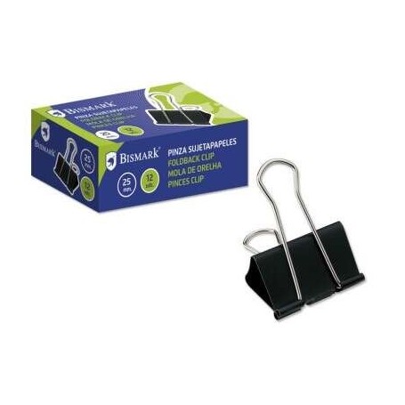 BISMARK PACK DE 12 PINZAS SUJETAPAPELES METALICAS DE 25MM - PALA ABATIBLE - NEGRO