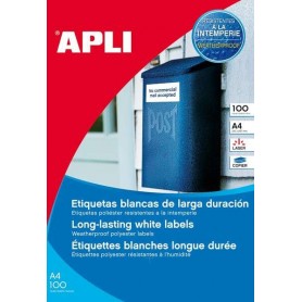 APLI PACK DE 100 ETIQUETAS RESISTENTES INTEMPERIE 210 X 297MM -  POLIESTER CON ACABADO MATE - CANTOS RECTOS - BLANCO