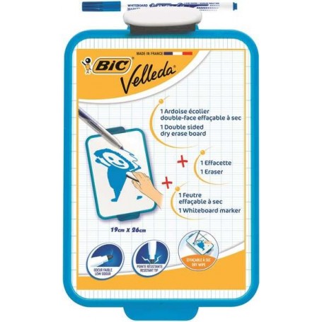 BIC VELLEDA PIZARRA ESCOLAR DOS SUPERFICIES BLANCA Y MILIMETRADA + 1 MARCADOR VELLEDA AZUL + 1 BORRADOR - DIMENSIONES: 26X19 CM
