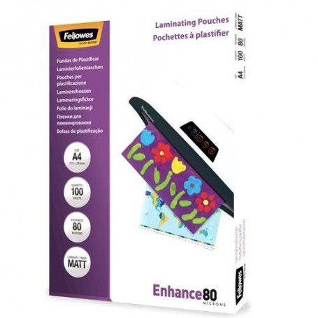 FELLOWES PACK DE 100 FUNDAS PARA PLASTIFICAR MATE A4 - 80 MICRAS - ALTA CALIDAD - TRANSPARENTE