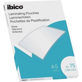 IBICO CAJA DE 100 LAMINAS PARA PLASTIFICAR GLOSS A5 75 MICRAS - ACABADO BRILLANTE - PLASTIFICA PAPEL, FOTOS, TARJETAS DE VISITA,
