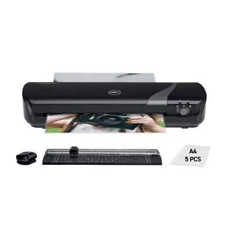 GBC INSPIRE+ A4 SET DE PLASTIFICADORA + RECORTADORA DE ESQUINAS + CIZALLA + PAQUETE DE 5 BOLSAS DE PLASTIFICACION A4 - HASTA TAM