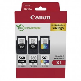 CANON PG560XL + CL561XL - PACK DE 3 CARTUCHOS DE TINTA ORIGINALES NEGRO + COLOR (2X14.3ML + 12.2ML) - 3712C009