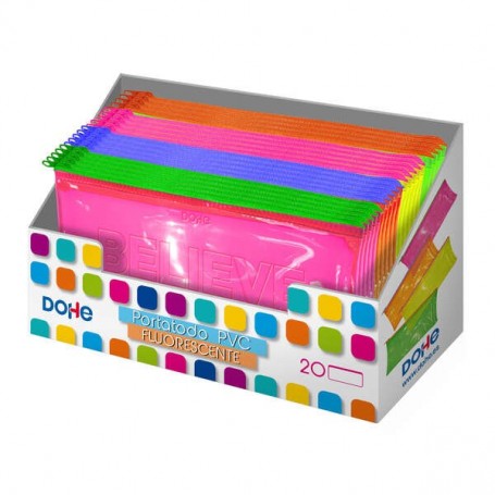 DOHE EXPOSITOR CON 20 PORTATODOS SIMPLES PLANOS - FABRICADOS EN PVC DE 280 MICRAS TRANSPARENTE FLUORESCENTE - CIERRE DE CREMALLE