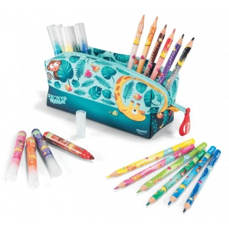 MAPED JUNGLE FEVER BEBES ESTUCHE DE TELA CON 12 LAPICES DE COLORES JUMBO JUNGLE FEVER (A PARTIR DE 2 AÑOS) Y 12 ROTULADORES 
