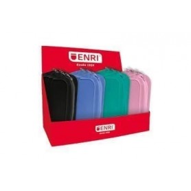 ENRI EXPOSITOR DE 20 ESTUCHES DE SILICONA - CIERRE DE CREMALLERA - ASA DE TRANSPORTE - COLORES NEGRO, VERDE AZULADO, AZUL Y ROSA