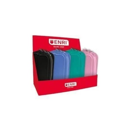 ENRI EXPOSITOR DE 20 ESTUCHES DE SILICONA - CIERRE DE CREMALLERA - ASA DE TRANSPORTE - COLORES NEGRO, VERDE AZULADO, AZUL Y ROSA