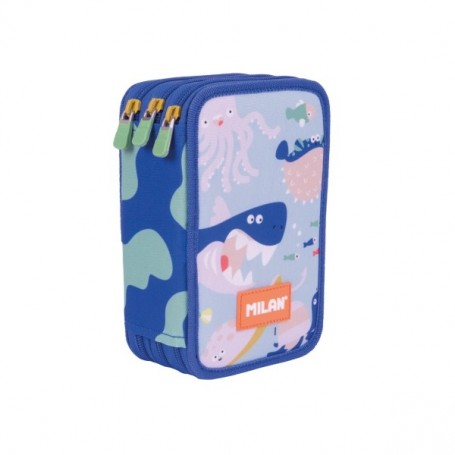 MILAN BLUE ODYSSEY PLUMIER DE 3 PISOS CON GOMA DE BORRAR - SACAPUNTAS - LAPIZ - 3 BOLIGRAFOS - REGLA - 12 LAPICES DE COLORES - 6