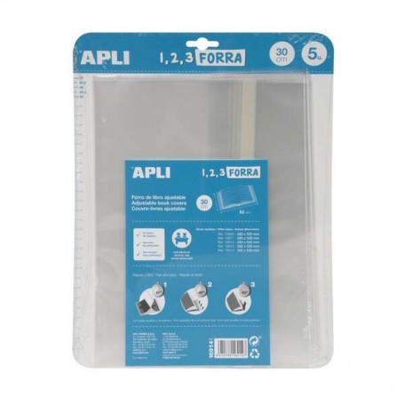 APLI PACK DE 5 FORROS PARA LIBROS 300MM DE POLIPROPILENO 75 MICRAS - SOLAPA AUTOAJUSTABLE - FACIL FORRADO EN 3 PASOS - SIN NECES