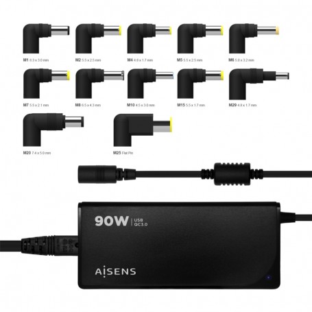 AISENS ASLC-90WAUTO-BK - CARGADOR UNIVERSAL PARA PORTATIL  90W - AUTOMATICO - 12 CLAVIJAS - HASTA 5A - NEGRO