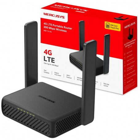 MERCUSYS MB113-4G - ROUTER 4G LTE WIFI HASTA 300MBP - 1 PUERTO WAN - 1 PUERTO LAN - HASTA 32 DISPOSITIVOS - NEGRO